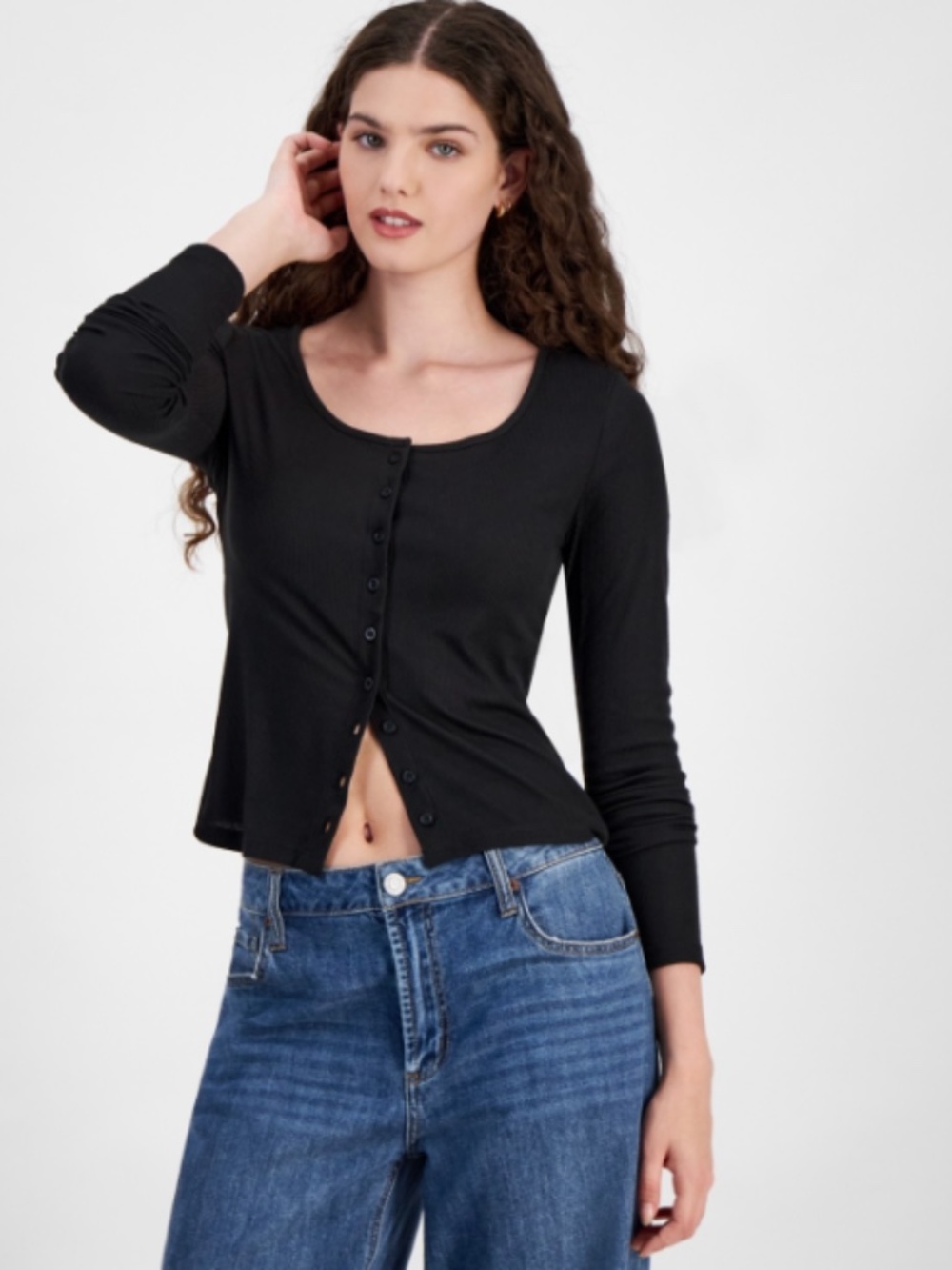 Just Polly Juniors' Ribbed Long Sleeve Button-up Top - Black SIZE XL NWT